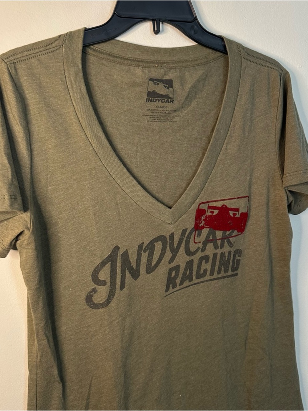 Indycar Racing Womens XL Olive Green V-Neck Velvet Textured Graphic T-Shirt - Picture 5 of 13
